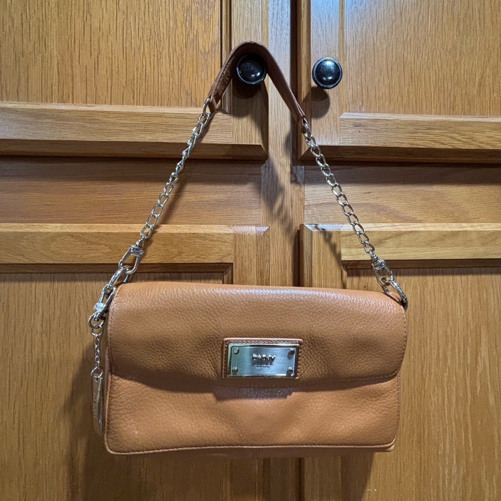 DKNY Brown Leather Shoulder Bag with Gold Chain